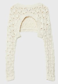 Crèmekleurige cropped sweater met open rug, lange mouwen en een ingewikkeld breipatroon met gaten en textuurdetails.