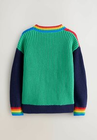 Knitted sweater with a green body, navy sleeves, and multicolored striped accents at the collar and cuffs. Ribbed texture throughout.
