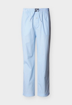 Light blue and white vertical striped pajama pants with an elastic waistband and front button fly.