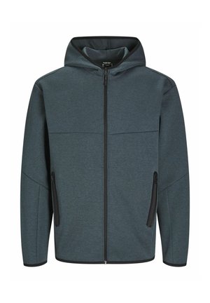 Hooded jacket in dark teal fabric, featuring zippered front and side pockets, with black trim along the edges and zipper.