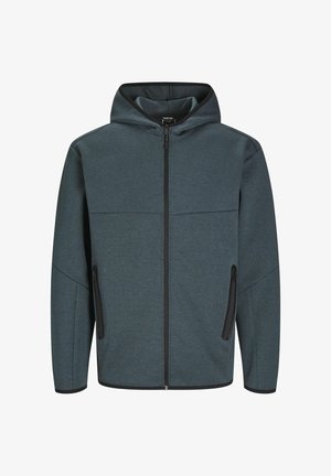 Kapuzenshjacke aus dunkelblauem Stoff, mit durchgehendem Reißverschluss und seitlichen Taschen, sowie schwarzer Einfassung entlang der Kanten und des Reißverschlusses.