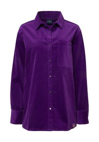 Violetti corduroy-paita klassisella kauluksella, edessä napitus ja yksi rintatasku. Ominaisuuksiin kuuluu pitkät hihat ja teksturoitu kangas.