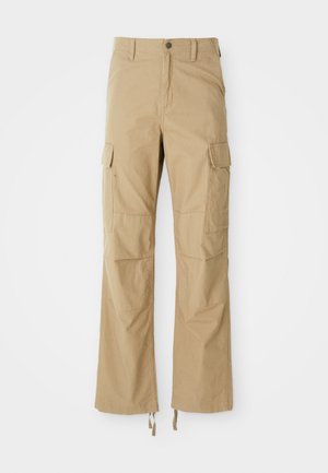Pantalons cargo kaki en tissu durable, dotés de plusieurs poches latérales, d'une coupe droite et de cordons de serrage réglables à l'ourlet.