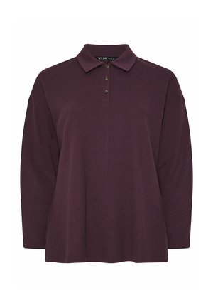 Bordeaux lange mouwen polo shirt met een geribbelde textuur, een kraag en drie donkere knopen aan de voorkant. Losvallend ontwerp.