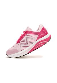 Pink athletic shoe with mesh upper, patterned accents, and rubber sole. Features a cushioned heel and contrasting white midsole.