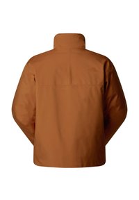 Braune wasserdichte Jacke mit hohem Kragen, glatter Textur und einem dezenten Logo auf dem Rücken. Verfügt über eine lockere Passform und keine sichtbaren Taschen.