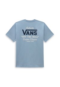 Světle modré bavlněné tričko s krátkými rukávy, s námořnickou grafickou potiskem, který obsahuje texty "VANS", "OFF THE WALL" a "Custom Classics".
