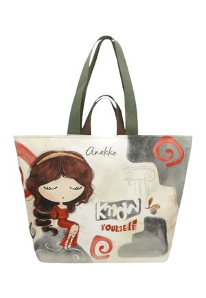 Borsa tote con illustrazione di una ragazza seduta in abito rosso, testo "Conosci te stesso", vortici e due manici verdi.