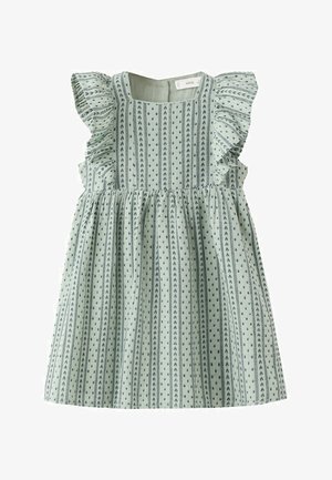 Svetlozelena haljina bez rukava za malu djecu s uspravnim crnim uzorcima strelica i točkica, kvadratnim izrezom i naboranim detaljima na ramenima.