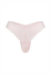 Lace-Tanga in sanftem Pink mit floralem Muster, gewellten Kanten und minimaler Rückabdeckung. Verfügt über einen bequemen elastischen Bund.