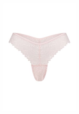 Kantstring in zacht roze met bloemenpatroon, geschulpte randen en minimale achterbedekking. Bevat een comfortabele elastische tailleband.