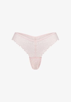 Kantstring in zacht roze met bloemenpatroon, geschulpte randen en minimale achterbedekking. Bevat een comfortabele elastische tailleband.