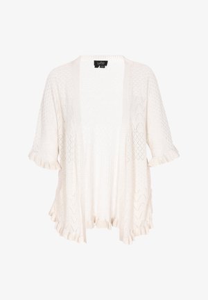 Svetlo smetanasto cardigan iz teksturirane pletene tkanine. Ima široke rukave in volanasti rob. Celo površino krasijo diamanti. Oblika z odprtim sprednjim delom.