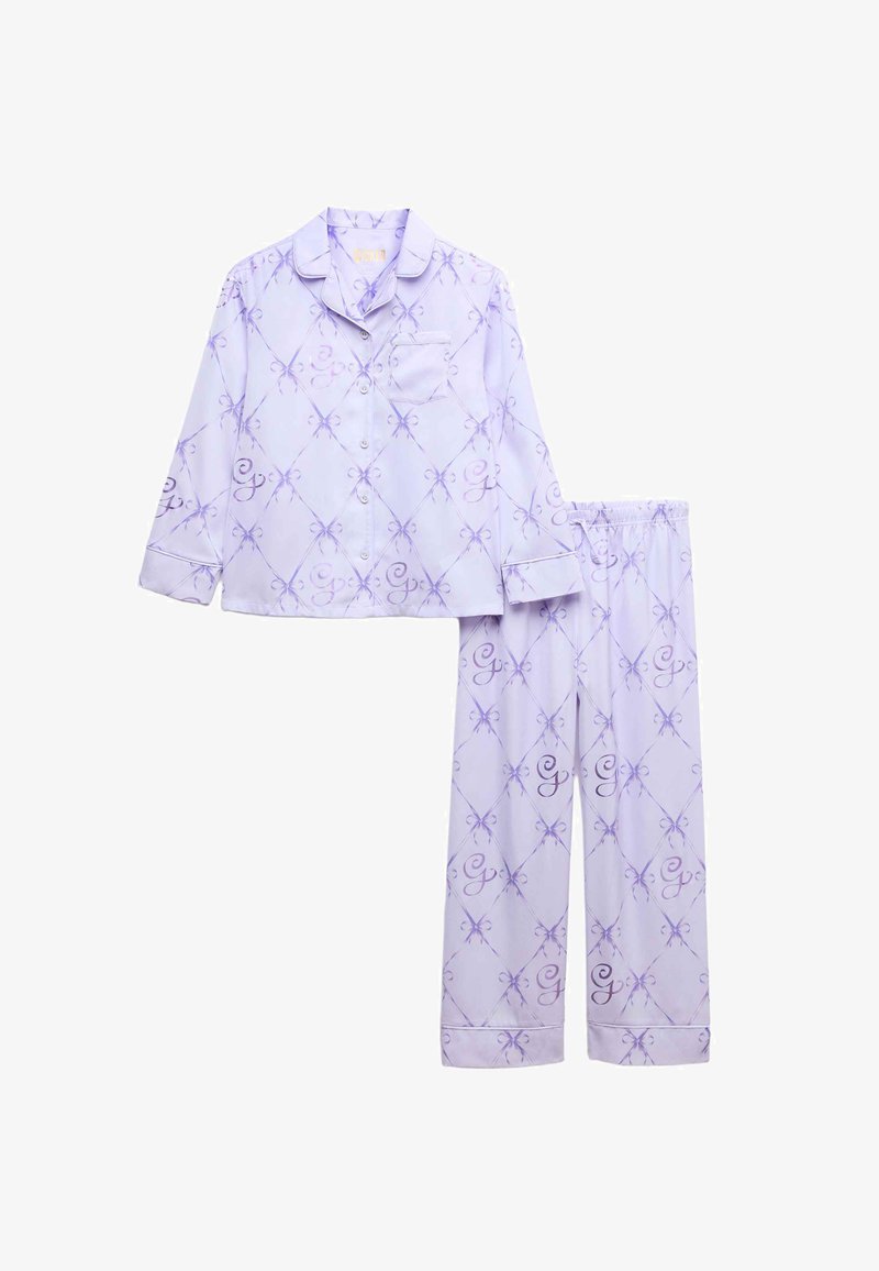 Set di pigiama viola composto da una camicia abbottonata con taschino sul petto e maniche lunghe, abbinata a pantaloni con vita elasticizzata e decorati con un motivo a fiocchi.