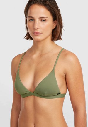 Žalia trikampio formos bikini viršutinė dalis su plonomis reguliuojamomis petnešėlėmis ir minkšta, lygiu tekstūra. Turi priekyje sukryžiuotą dizaino detalę.