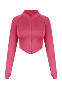 Růžová zkrácená bunda na zip vyrobená z měkké texturované tkaniny. Má dlouhé rukávy s otvory pro palce a vysoký límec.