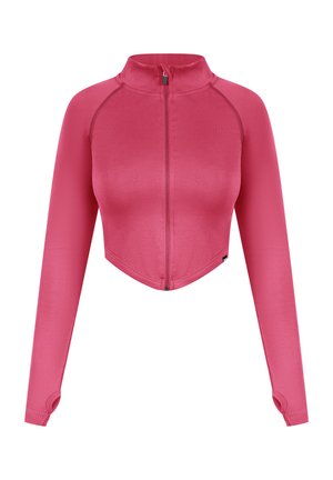 Roze cropped zip-up jack gemaakt van zacht, textuurgegeven stof. Heeft lange mouwen met duimgaten en een hoge kraag ontwerp.