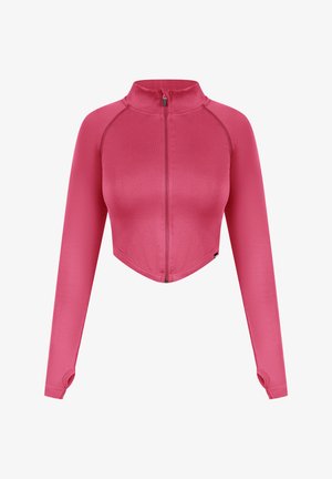 Roze cropped zip-up jack gemaakt van zacht, textuurgegeven stof. Heeft lange mouwen met duimgaten en een hoge kraag ontwerp.