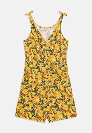 Żółty kombinezon bez rękawów z kwiatowym wzorem i motywem ptaków, zawiązywanymi ramiączkami, dekoltem w serek i elastyczną talią.
