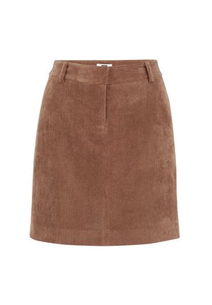 Brun corduroy A-linje kjol med en slät yta, synlig vertikal ribbning och midjeband. Har två framfickor.