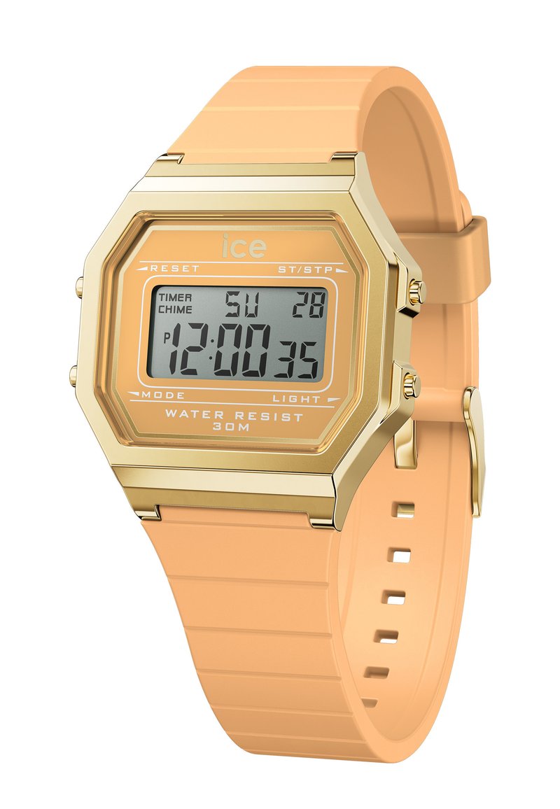 Reloj digital con caja hexagonal en tono dorado, correa de silicona naranja, gran pantalla LCD, resistente al agua hasta 30 metros y múltiples botones de función.