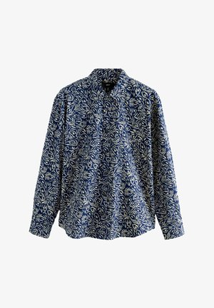 Modra dolgo rokavna srajca z belim cvetličnim vzorcem, gumbi spredaj, ovratnikom in ohlapnim krojem. Izdelana iz lahkega blaga.
