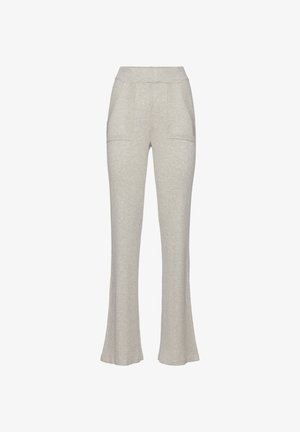Hellgraue, gerippte Strickhose mit weitem Bein, zwei Vordertaschen und einem breiten elastischen Bund für zusätzlichen Komfort.