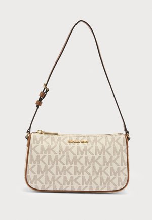 Beige og brun Michael Kors skuldertaske med all-over MK-logo mønster, guldlås og justerbar rem.