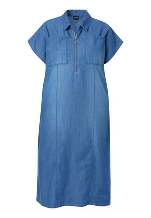 Sininen denim-mekko, jossa on lyhyet hihat, kaulus, etuvetoketju, kaksi rintataskua ja polvenpituinen helma.