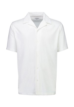 Short-sleeve white button-up shirt with a classic collar, made of soft terry fabric, displayed on a plain white background.