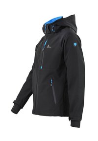 Sort softshell-jakke med blå accenter, justerbar hætte, lynlåslomme på brystet og sidelommer, elastiske manchetter og et strømlinet design.