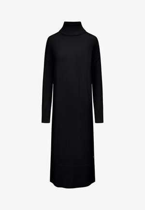 Schwarzes Strickkleid mit hohem Rollkragen, langen Ärmeln, gerippten Bündchen und Saum. Verfügt über einen seitlichen Schlitz und ein kleines Akzentdetail am unteren Rand.