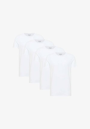 Vier schlichte weiße T-Shirts mit Rundhalsausschnitt und kurzen Ärmeln, versetzt in einer Reihe auf weißem Hintergrund angeordnet.