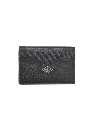 Porte-cartes en cuir noir et tissu avec poche avant et logo Replay métallique en forme de losange au centre.