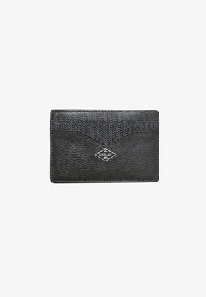 Schwarzer Leder- und Stoff-Kartenhalter mit Fronttasche und diamantförmigem Metall-Replay-Logo in der Mitte.