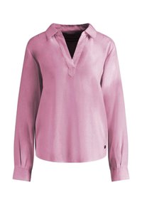 Blouse rose à manches longues en tissu lisse. Présente un design à col en V et des manches fuselées avec des accents de boutons. Simple et épuré.