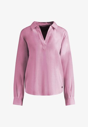 Lyserød langærmet bluse lavet af glat stof. Har en krave V-hals-design og taperede ærmer med knapdetaljer. Enkel og ren.