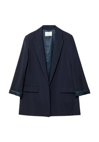 Merihenkinen pinstripe-takki, jossa on terävät kaulukset, kaksi etutaskua ja satiinihiihet. Sisältää sileän sisävuoren, räätälöidyn muotoilun ja rakenteellisen muodon.