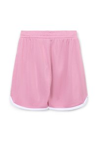 Różowe siateczkowe szorty sportowe z elastycznym pasem, z białymi akcentami po bokach i luźnym krojem zapewniającym wentylację i komfort.