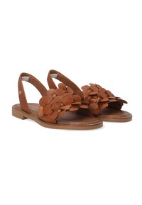 Brune lædersandaler med et blomstermotiv foran, slingback-stil, flad sål og tekstureret indersål. Pyntet med lagdelte kronblade.