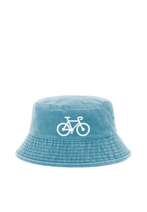Blue bucket hat with white bicycle graphic on the front, displayed against a white background.