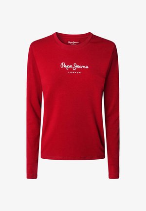Piros, hosszú ujjú, pamut póló, környakú, fehér "Pepe Jeans London" logóval az elején.