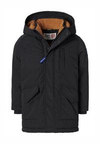 Svart parkasjacka med en lurvig brun foder, flera framfickor, huva och ribbade muddar. Har dragkedja och tryckknappsstängning.