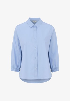 Light blue button-up shirt with a collar, gathered sleeves, and a curved hem. Made of soft fabric with a smooth texture and standard fit.