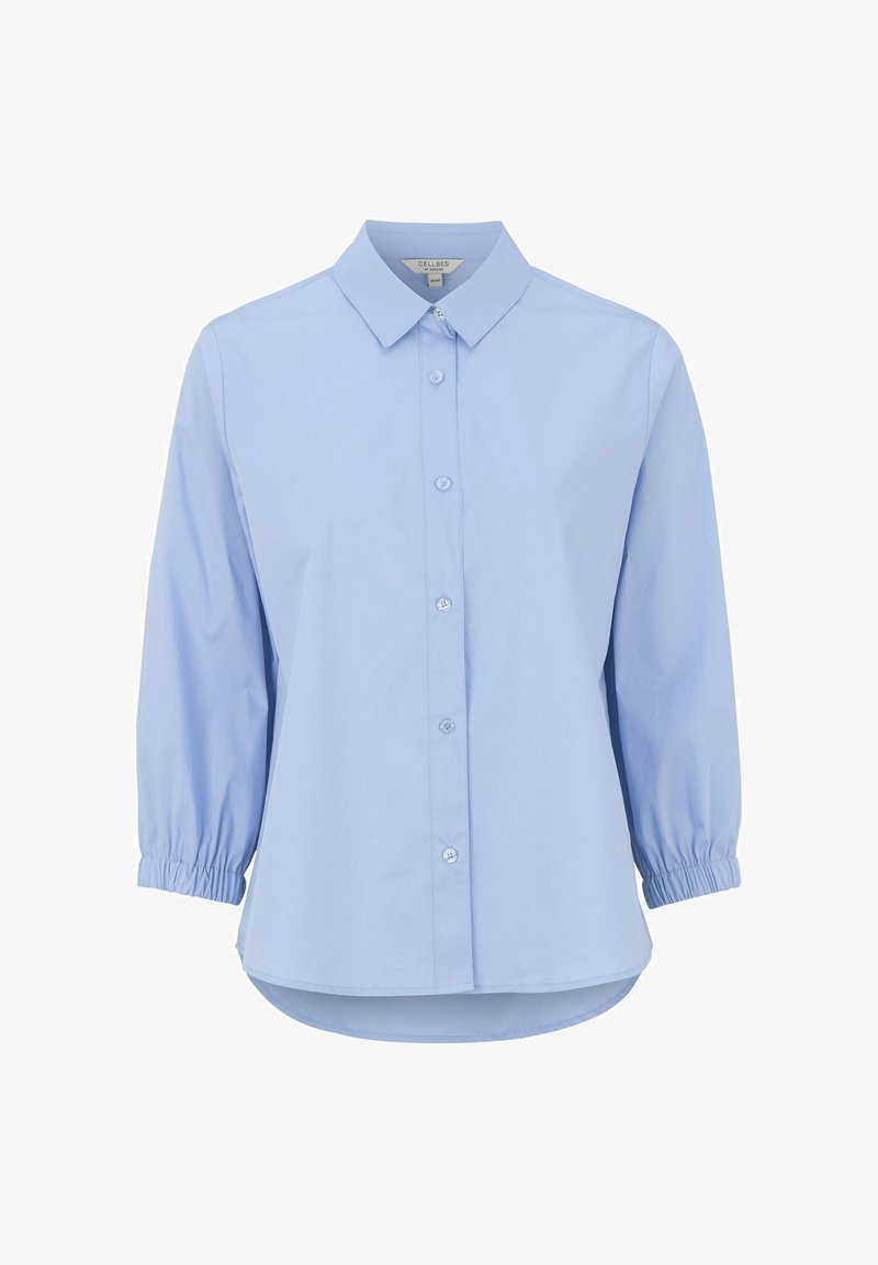 Light blue button-up shirt with a collar, gathered sleeves, and a curved hem. Made of soft fabric with a smooth texture and standard fit.