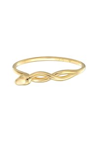 Ring med guld-färgad ormdesign och en slät, vriden band samt en spetsig ormhövding accent. Märkt med renhetsstämpel 375.
