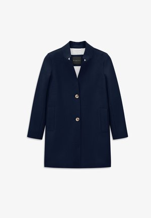 Marineblauer, langer, maßgeschneiderter Mantel mit zwei Knöpfen, langen Ärmeln, Stehkragen und Seitentaschen, flach auf weißem Hintergrund präsentiert.