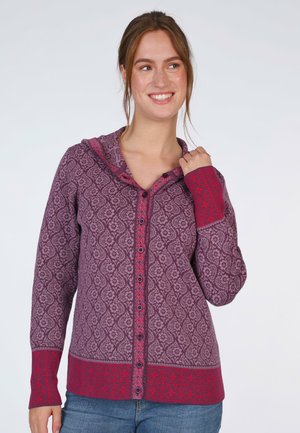 Purple patterned hooded cardigan with red accents, featuring a button front and textured sleeves. Material shows floral design details.