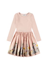 Pitkähihaisia mekko, jossa on tiukka vaaleanbeige yläosa ja hulmuava hame, jossa on leikkisä eläin- ja kukkakuosi helman ympärillä. Puuvillasekoitusmateriaali.