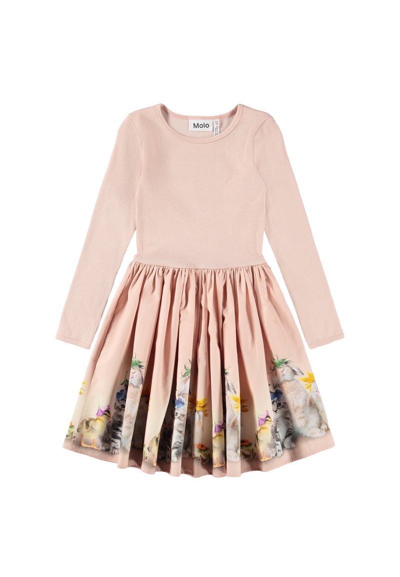 Pitkähihaisia mekko, jossa on tiukka vaaleanbeige yläosa ja hulmuava hame, jossa on leikkisä eläin- ja kukkakuosi helman ympärillä. Puuvillasekoitusmateriaali.